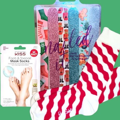Winter Pamper Pack: Kiss Foot Mask Festive Nail Files Happy Socks Gift Self-care