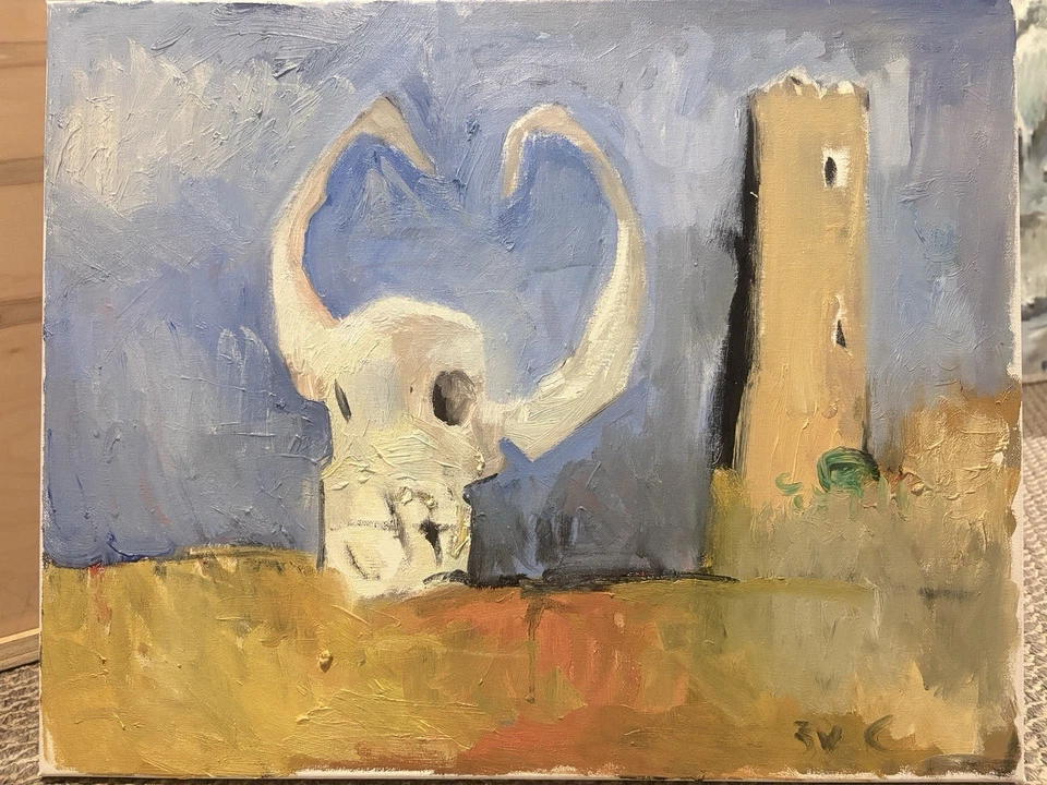 Pintura al óleo cubismo paisaje calavera occidental 16”x20” lienzo original firmado  Foto 2 de 2