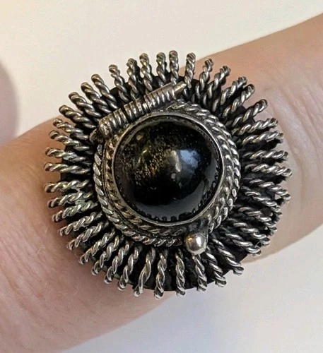 Vtg TAXCO Mexico Sterling Silver Poison Locket Ring Adjustable Cabochon Eagle