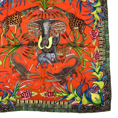 Hermes Scarf Stole La Marche du Zambeze Coral Green Silk Auth New