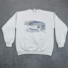 Vintage Northern Reflections Sweatshirt Sz M White Snowy Cabin USA made Stains