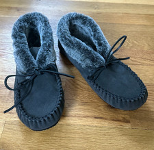 MINNETONKA Gray Suede Leather Slippers Booties JACKIE Faux Fur Moccasin 10 N