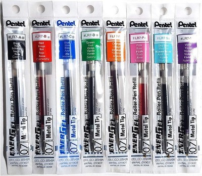 Pentel LR7 Refills for EnerGel Gel Pen, 0.7mm Metal Tip - Set of 8 Colors