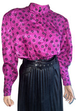 VTG 80S Purple High Neck LOUIS FERAUD Graphic Black Squares Blouse 12
