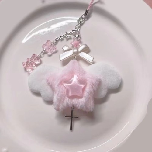 Pink Angel Wing Pendant Bear Bowknot Sweet Keychain Bag Ornament - Photo 8 sur 11