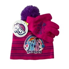 Girls Beanie Hat and Glove Set My Little Pony Pink and Purple Striped Stretch