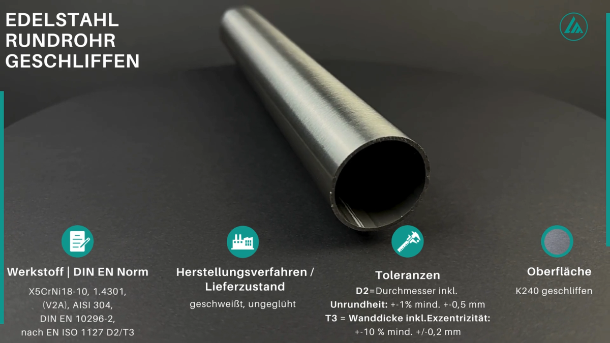 Edelstahl Rundrohr V2A Geschliffen – 16x2mm, 1m, 1.4301/AISI 304 – Für Geländer, Bau & Modellbau