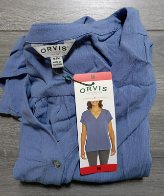 Orvis Shirt Adult Womens Medium Blue Button-Up Rayon V-Neck Beach Summer