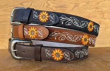 WOMEN'S SUNFLOWER WESTERN LEATHER BELT, COWGIRL RODEO EMBROIDERED LEATHER BELT