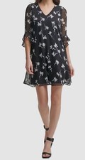 Calvin Klein Women's Black Floral 3/4-Sleeve Chiffon Tunic Dress Size 4