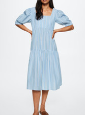 Mango MNG Blue Yellow White Stripe Tiered Short sleeve Midi Casual Dress size 6