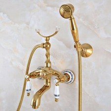 Gold Color Brass Bathtub Clawfoot Faucet Mixer Tap Telephone Handheld Shower