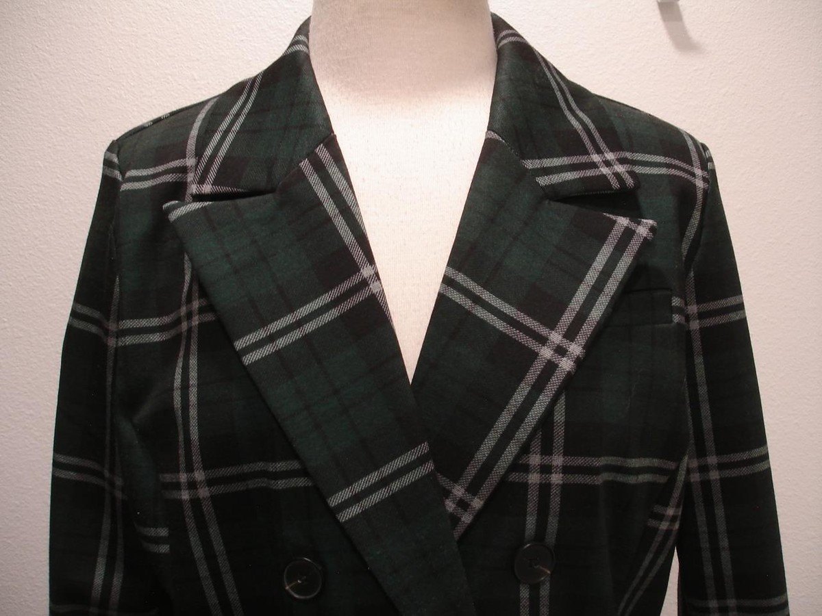 Womens L Bagatelle Green Plaid Tartan Double-Breasted Suit Jacket