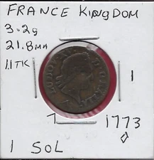 FRANCE 1 SOL 1773 LOUIS XV,OLDER HEAD,LUDOV.XV.D.GRATIA,CROWNED ARMS WITH ROUN