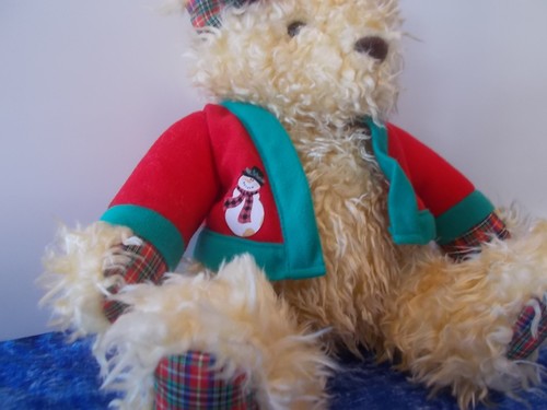 Hallmark Cards Light Brown Christmas Bear w/ Snowman jacket and Hair bow 10" - Picture 3 of 6