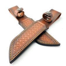 Basket Weave Leather Straight Knife Sheath Brown Pouch for Fixed Blade