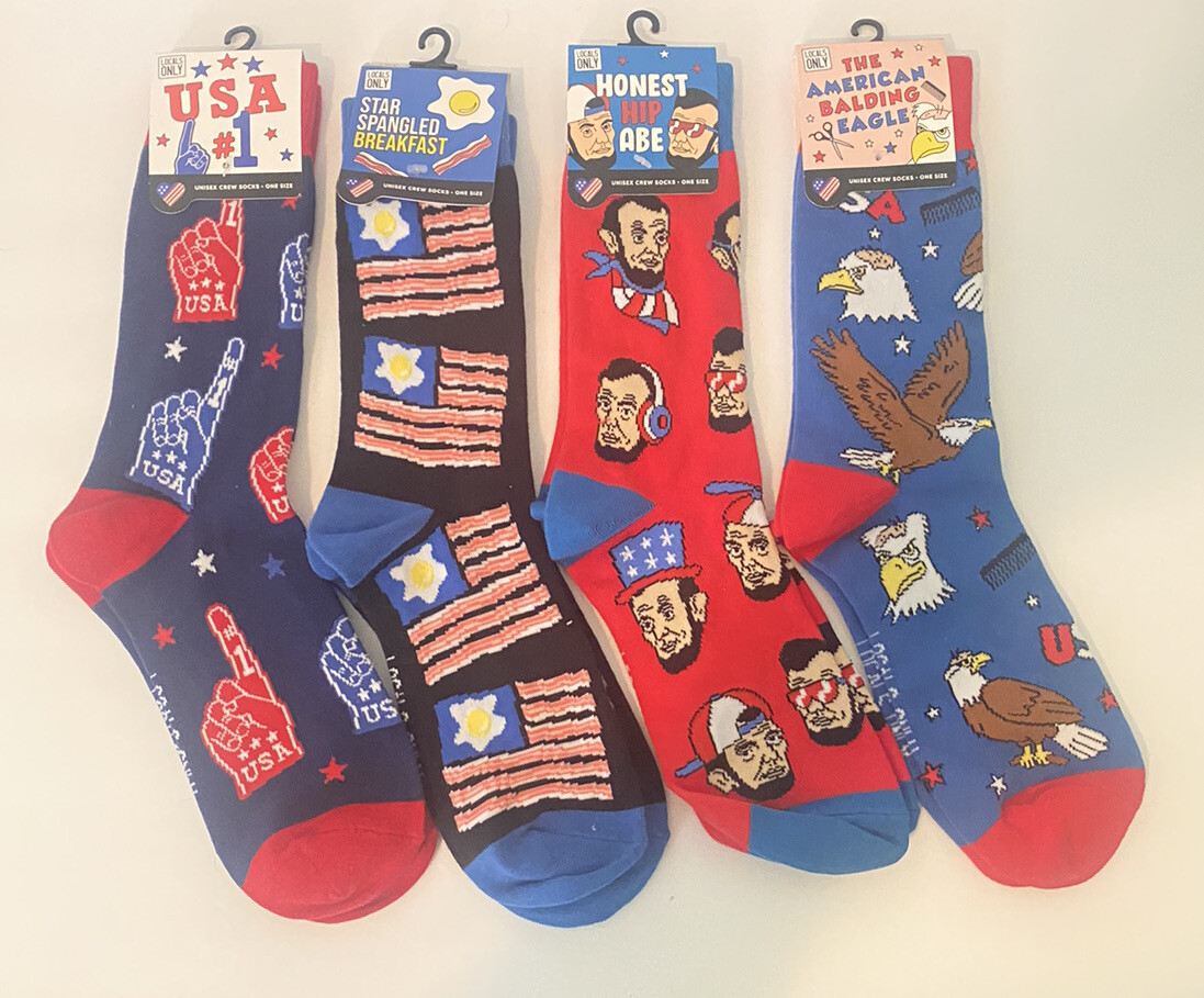 SAOLA 4 calzini patriottici USA equipaggio unisex taglia unica bandiera americana solo NUOVI