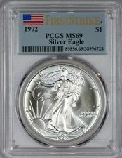 1992 American Silver Eagle PCGS MS69 First Strike - Flag Label