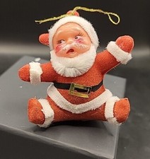 Vintage Flocked Santa Claus Figure Dancing Waving w/ Plastic Celluloid Ornament