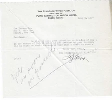 1937 Letter, The Standard Witch Hazel Co, Essex Connecticut, Bacorn Co Elmira NY