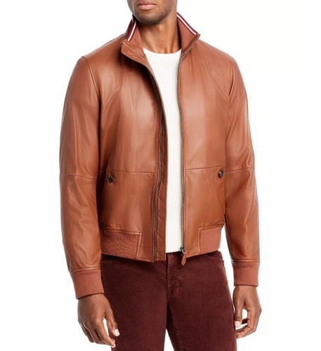 BALLY Mens Bomber Jacket Brown Lamb Leather Slim Fit Logo Collar Italy 50/ US 40