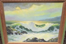 VENTURE COY ORIGINAL OIL ON BOARD SEASCAPE WAVE AT SUNSET PAINTING