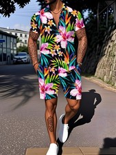 Colored Tropical Print Men's Short Sleeve Shirt  Shorts Set, Outdoor Sports
