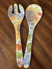 Floral Melamine Salad Server Serving Spoon Fork Garden Flowers Sunflower Leaves