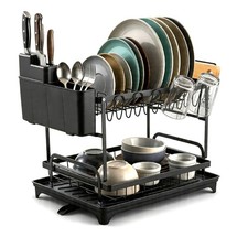 2 Tier Dish Drainer Rack with Drip Tray Cutlery Holder Plate Rack Kitchen Sink