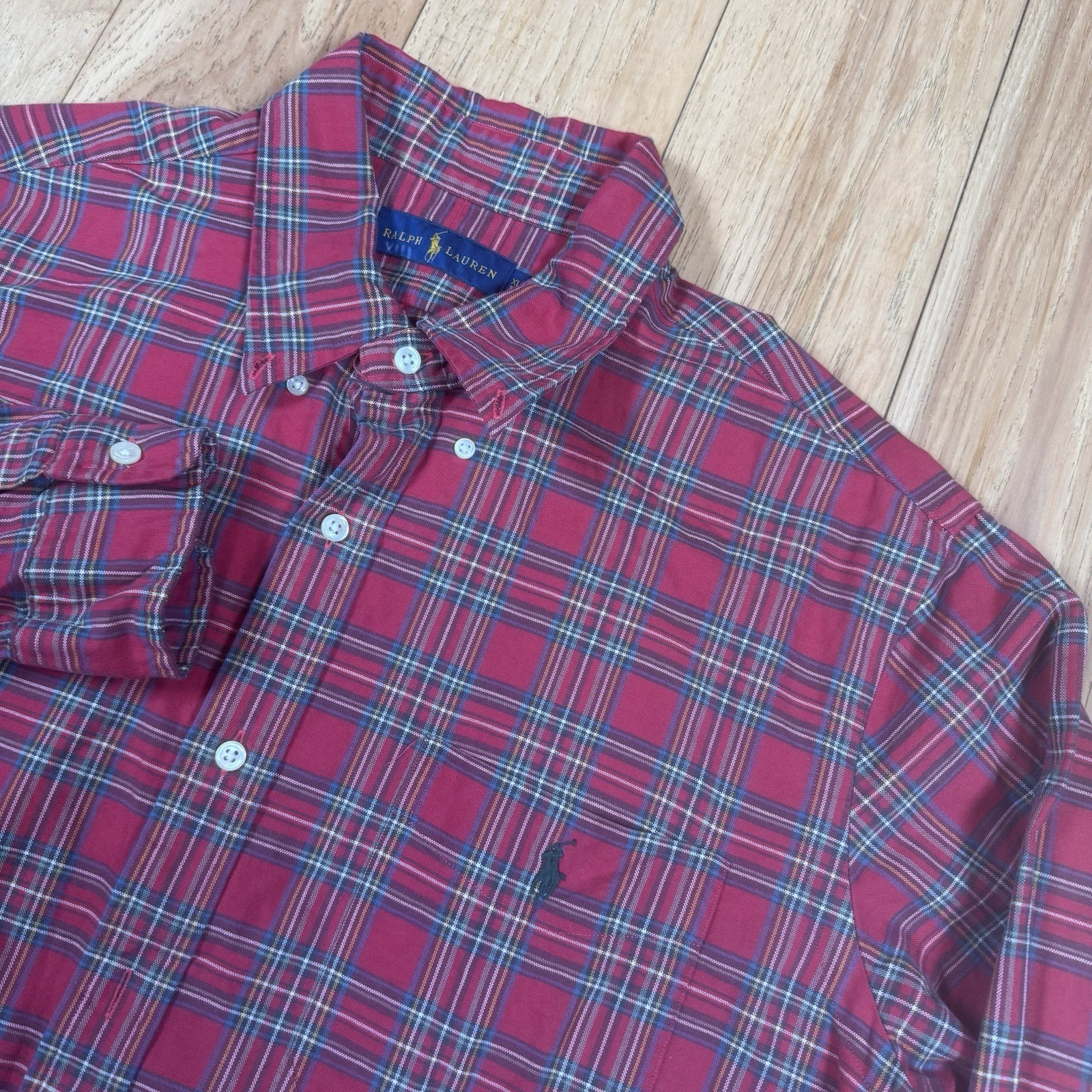Polo Ralph Lauren camicia bottoni uomo XL vestibilità classica gingham check rosso blu pony