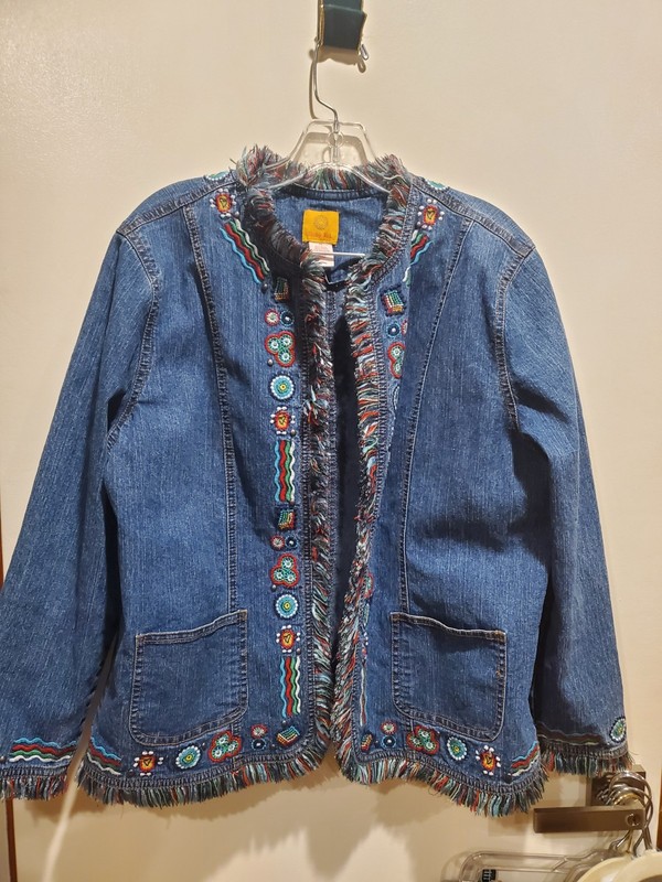 Ruby Rd. Size 14 Embellished Fringed Open Front Stretch Denim Jacket