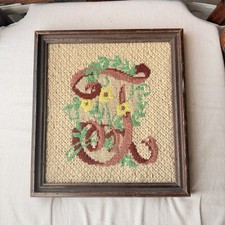 Vintage Floral Monogram Letter  J  Needlepoint Canvas With Frame