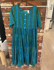 Vintage La Cera 100% Cotton Midi A-Line Dress L Short Sleeve Button Blue/Green
