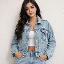 Wild Fable Women  s Cropped Denim Jean Jacket Light Wash Distressed Size Small