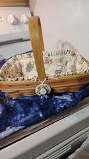 Rectangular Wooden Storage Basket with Woven Floral Fabric Liner and Handle