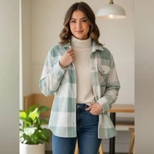 Thread & Supply Mint White Checkered Fleece Button Up Jacket Pockets Cozy Size S