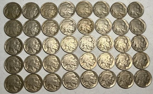 ROLL of 40 full date Indian Head BUFFALO NICKELS. Exact coins shown. #04