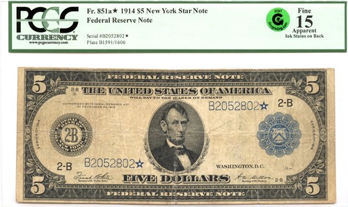 1914 $5 Federal Reserve Note New York Fr#851a* PCGS F-15 GCC Green ...