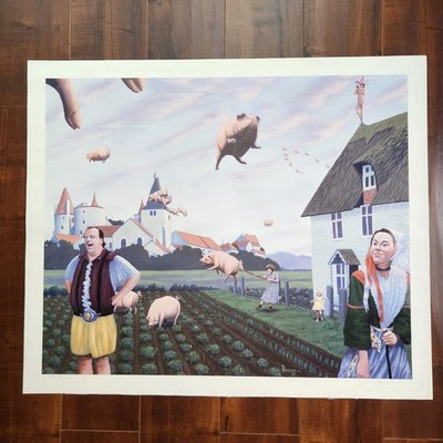 WHEN PIGS FLY Art Print 24''x28.5'' Surreal Humor Animals Country Signed Prosser