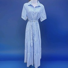 Cider Blue White Stripe Shirt Dress Large Tie Waist Button Front Maxi