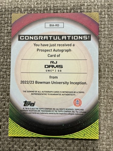 RJ Davis 2022-23 Bowman U Inception Gold Foil Auto 36/50 UNC #BIA-RD π₯ C - Foto 2 di 2