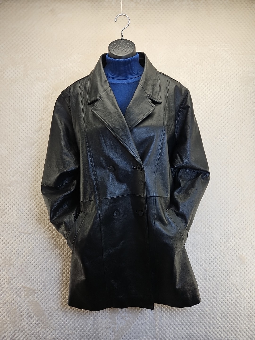 Veranesi Women's Leather Double Breasted Trench Coat Black Sz 32W Pampered VGUC