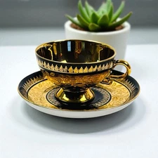 Rudolf Wachter RW Bavaria Gold Trim Black Demitasse Cup Saucer Vintage Hollywood