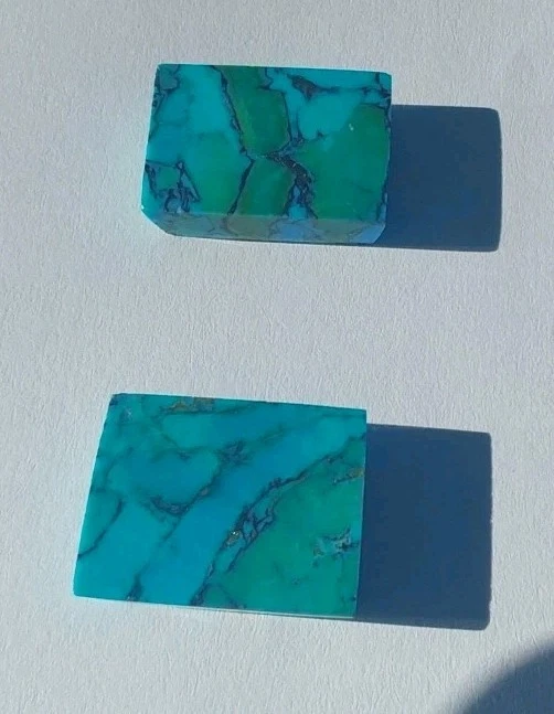 Pair High Grade Rectangle Natural Bisbee Turquoise 24.7 Ct Cabochons Blue Green  - Image 4 of 4