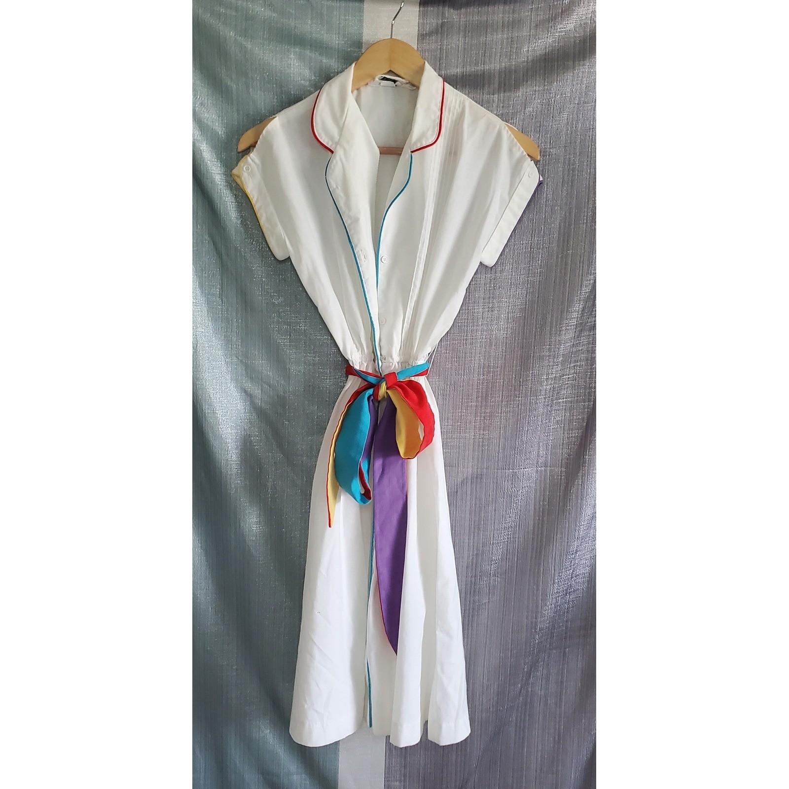 Vintage 70s Act 1 NY White Shirt Dress with Colorful Piping and Rainbow Belt