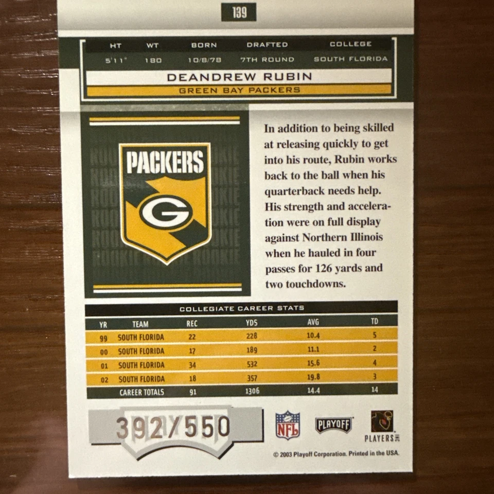 2003 Playoff Honors Rookie /550 DeAndrew Rubin #139 Rookie RC (A100) - Image 2 of 2