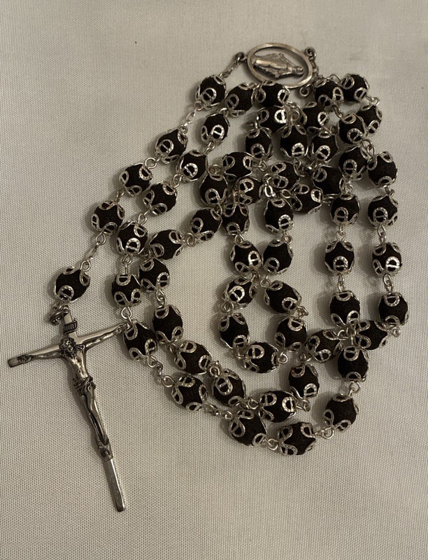 Vintage Sterling Silver Black Lava Bead Double Capped Rosary AFCO