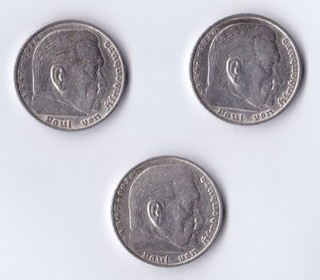 3 x 5 Reichsmark von 1935/1935/1936 Deutsches Reich Paul von Hindenburg
