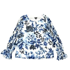 Women's Talbots Blue Floral Pleat Sleeve Blouse Lined Flowy Size M