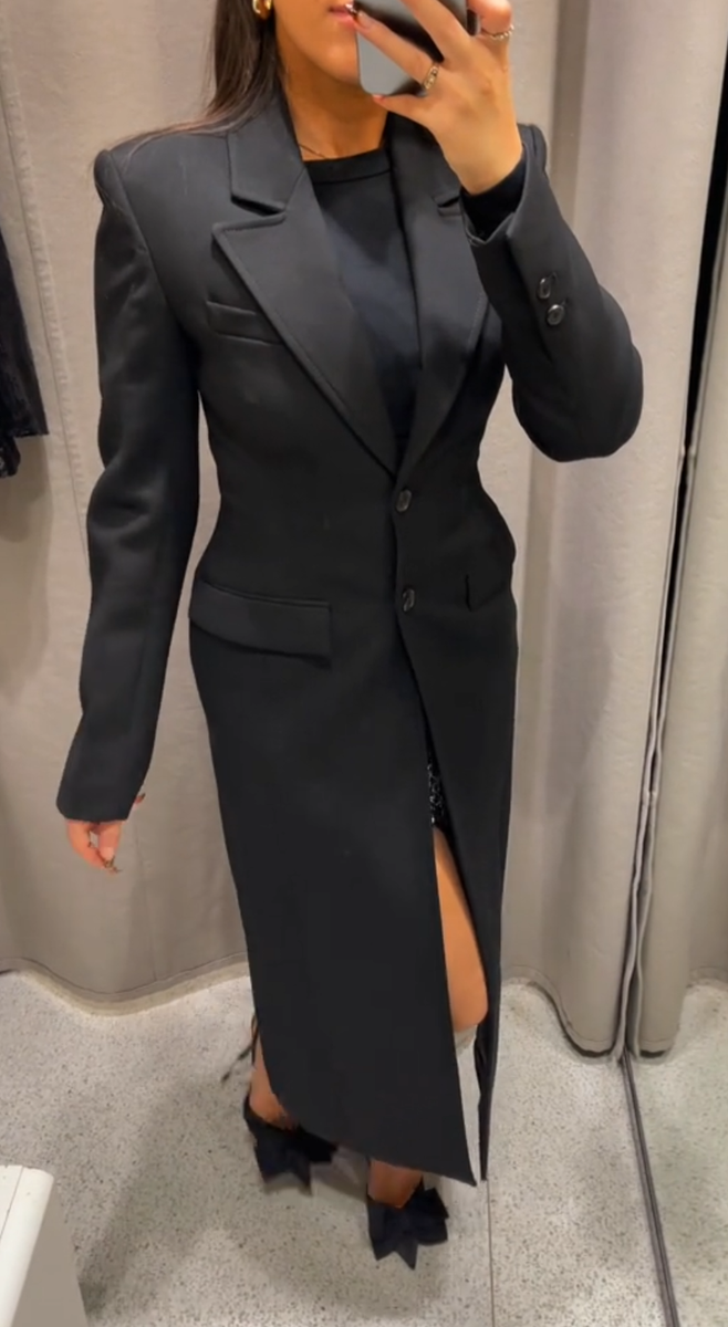 Zara Tailored Long Coat ZW Collection Black Size S M Small Medium